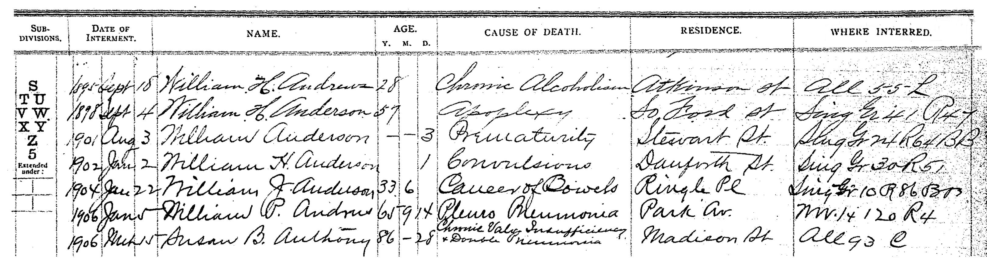 sample from ledger page of Mount Hope Cemetery records